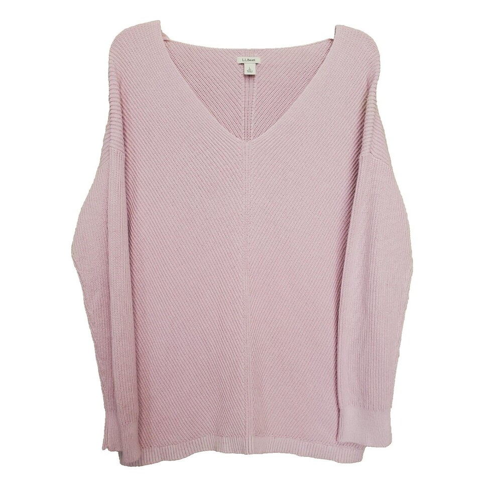 LL Bean Women's Pinkish Purple Cotton Ribbed V-Neck Long Sleeve Sweater Size LGE